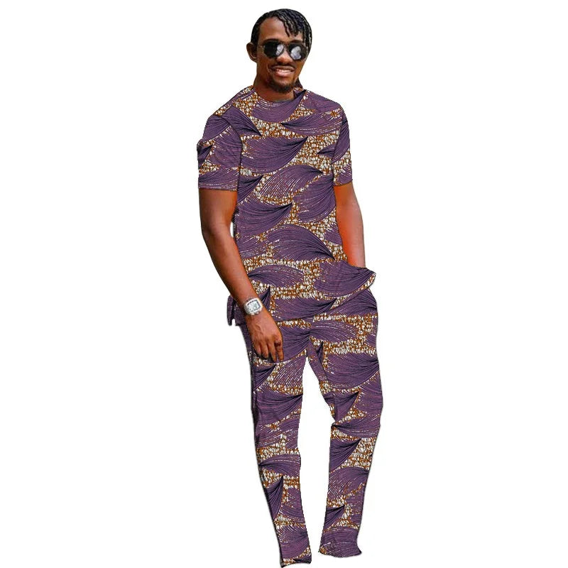 Summer African Clothes Men Set Nigerian Style Tops With Pant Groom Suit Male Traditional Ankara Outfit