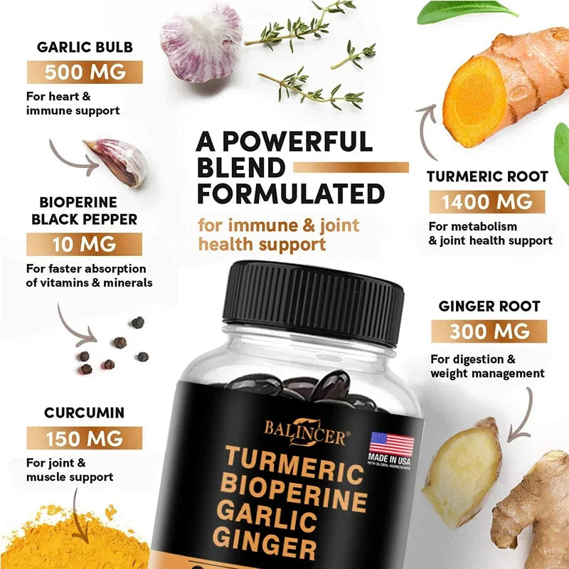 Turmeric Ginger Strong Absorption Support Muscle Joint Pain Arthritis Antioxidant Immunity Heart Brain Skin Digestive Supplement