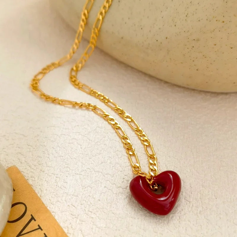 Fashion Jewelry Vintage Temperament Red Heart Earrings Necklace Sets For Women Female Gifts Delicate Design Accessories Hot Sale