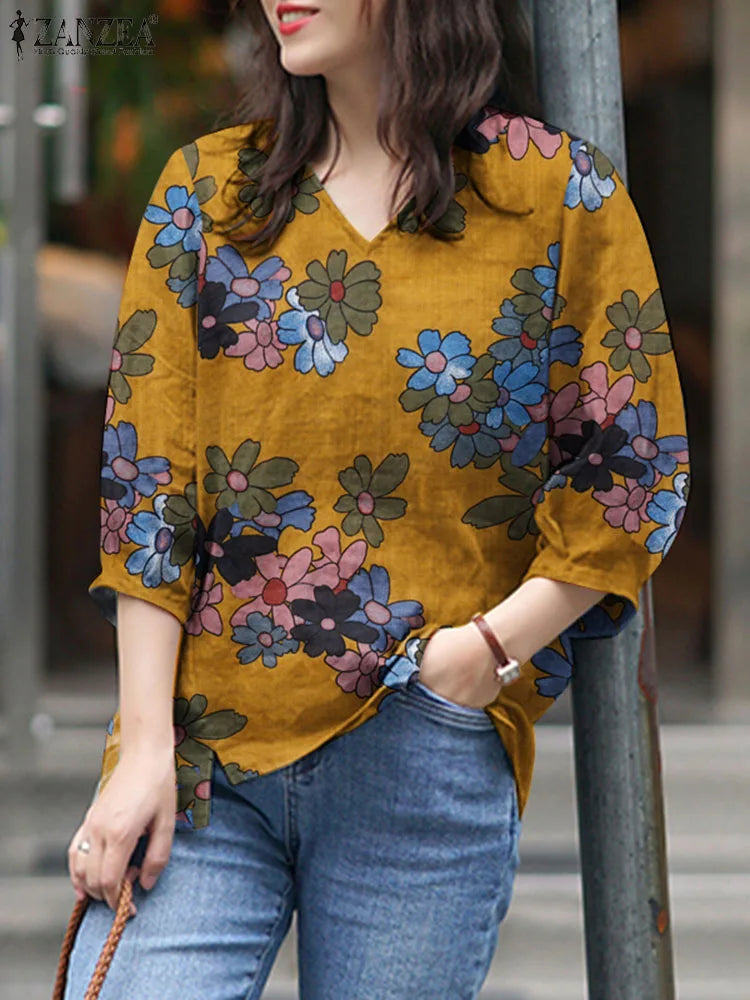 2024 ZANZEA Summer V Neck 3/4 Sleeve Floral Printed Shirt Bohemian Blouse Vintage Female Holiday Blusas Casual Loose Tunic Tops