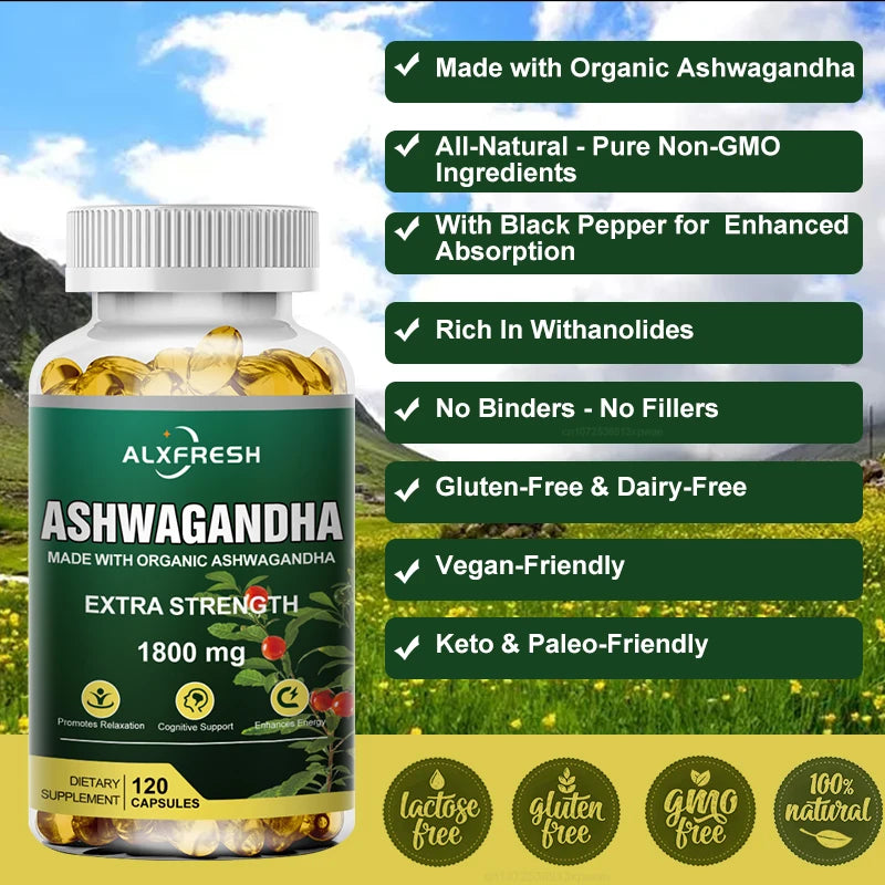 Alxfresh Pure Ashwagandha Powder & Root Extract Oil Capsules  1800mg with Black Pepper- Vegen Dietary Supplements 60/120 Count