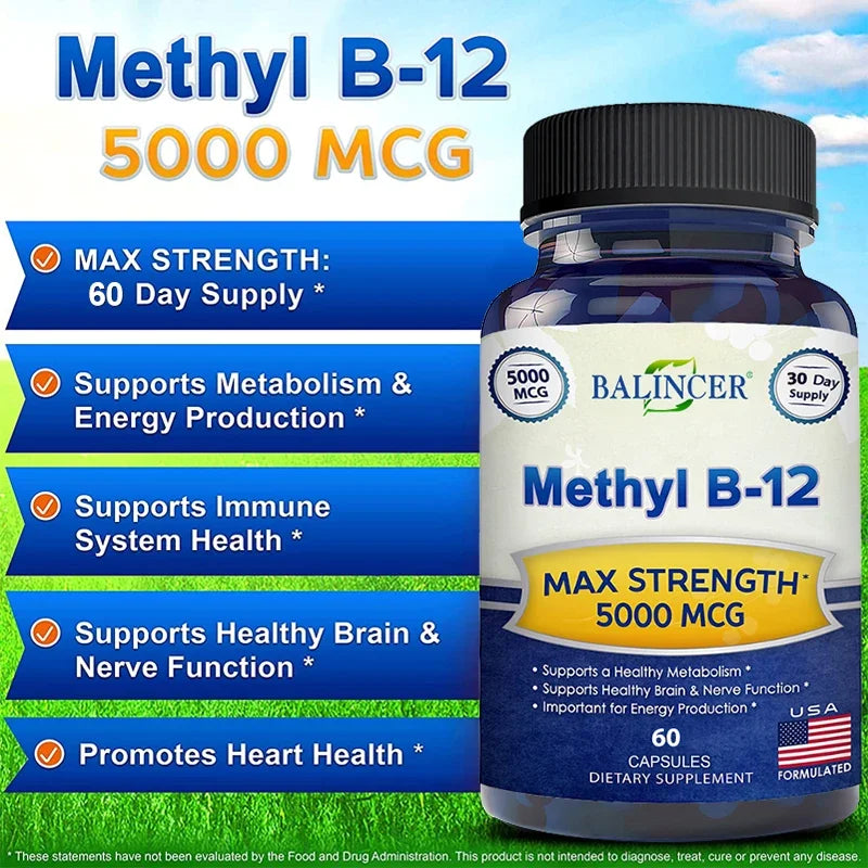 Vitamin B12 - 5000 MCG Supplement -Benefits Brain & Heart Function, Supports Memory, Learning, Helps Boost Natural Energy