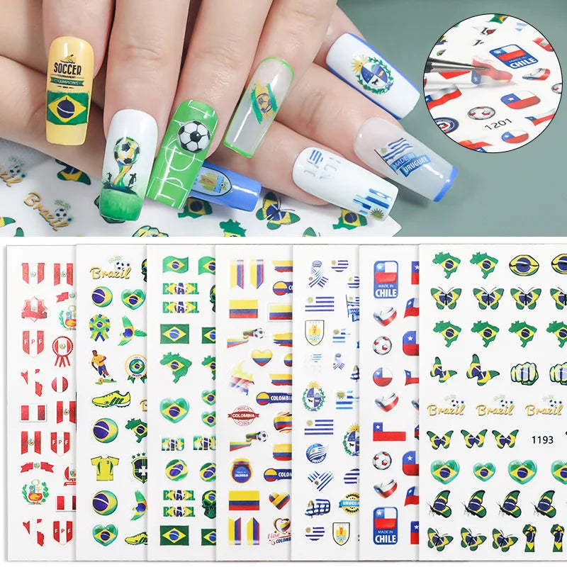 Football Game South America Brazil CHile Peru Argentina Colombia Uruguay Nail Sticker Cheering Design Soccer Fans Nail Flag