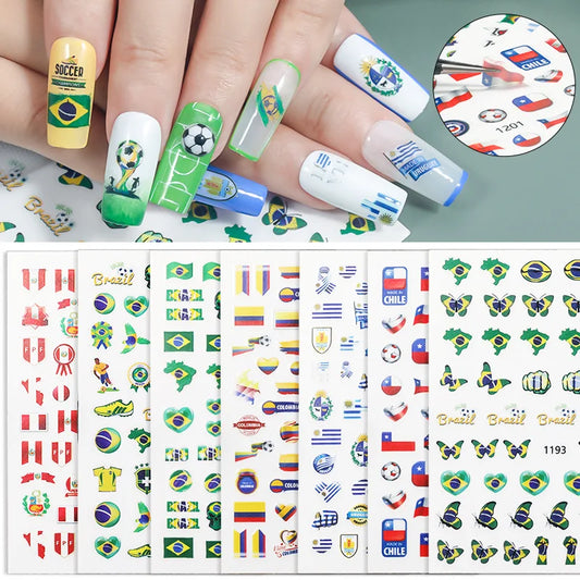 Football Game South America Brazil CHile Peru Argentina Colombia Uruguay Nail Sticker Cheering Design Soccer Fans Nail Flag