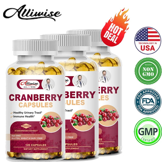 Alliwise Cranberry Capsule with VitaminC Supports Urinary & Immune Health, Bladder Control, and Promotes Healthy Kidney Function