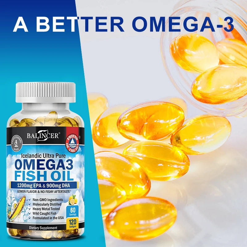 Omega 3 Fish Oil Capsule Supplement Rich in DHA EPA Antioxidant Skin Eyes Immune System，Non-GMO,Gluten-free, Vegetarian Capsules