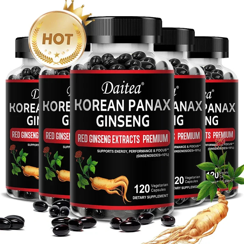 Daitea Organic Korean Red Ginseng Supplement - Energy, Muscle Mass, Endurance 30/60/120 Vegetarian Capsules