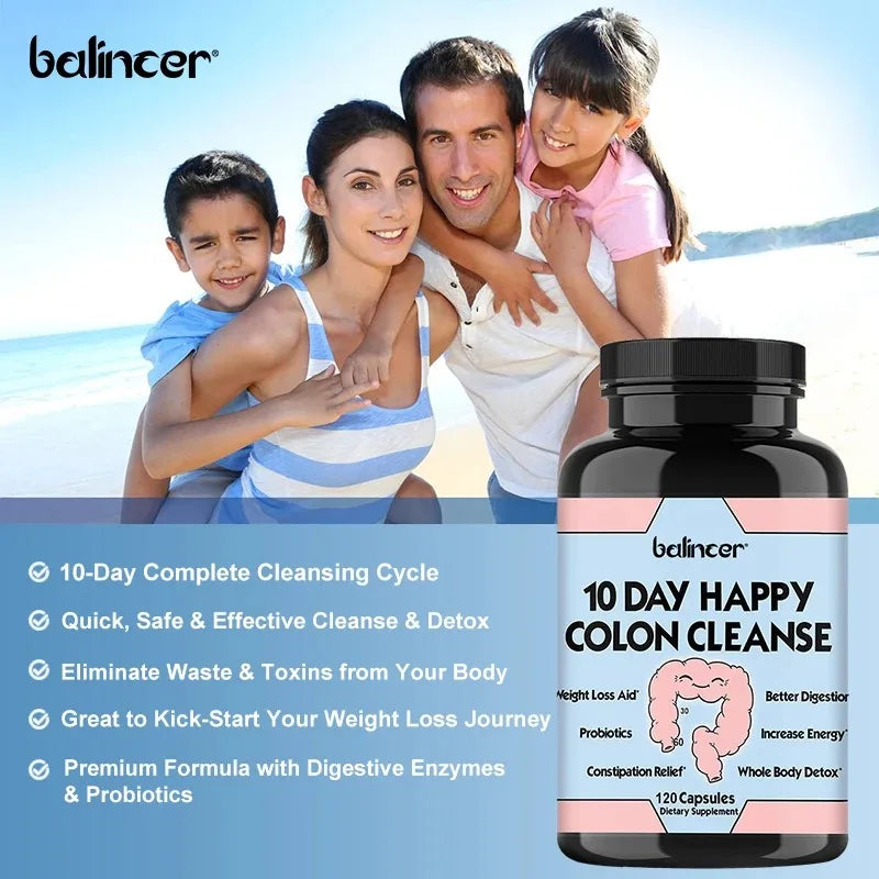 10 Days of Happy Colon Cleanse Digestive Support - Daily Detoxification, Constipation Relief | Non-GMO 60/120 Capsules
