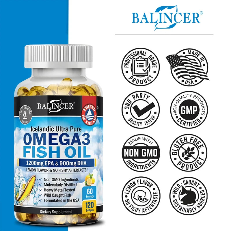 Omega 3 Fish Oil Capsule Supplement Rich in DHA EPA Antioxidant Skin Eyes Immune System，Non-GMO,Gluten-free, Vegetarian Capsules