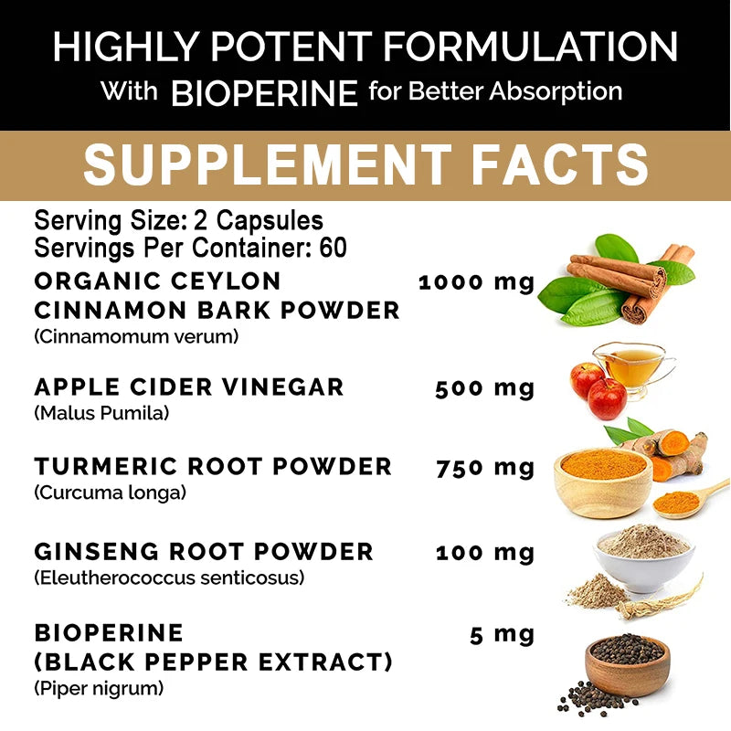 Natural Ceylon Cinnamon Capsules - Aids in Joints, Bones, Anti-Inflammation, Antioxidant, Glucose Metabolism, Blood Sugar Levels