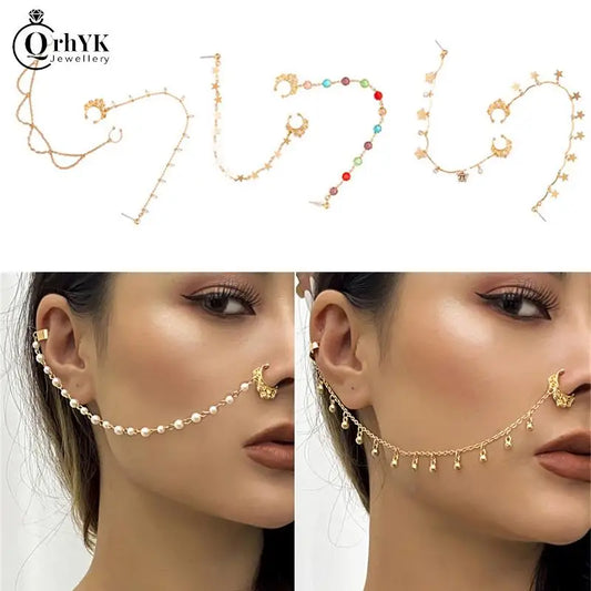 Indian Nose Chain Earrings Nose Clip Fashion European And American Personality Punk For Women Earrings Geometric Tassel Chain