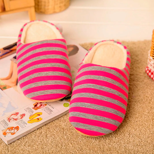 Women House Shoes 2024 Soft Striped Indoor Mute Cotton Slippers Non-Slip Slippers Warm Plush Unisex Comfort Home Floor Slippers