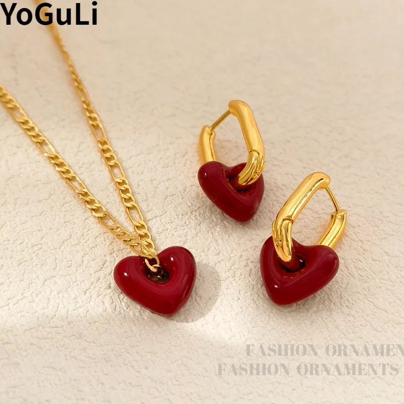Fashion Jewelry Vintage Temperament Red Heart Earrings Necklace Sets For Women Female Gifts Delicate Design Accessories Hot Sale