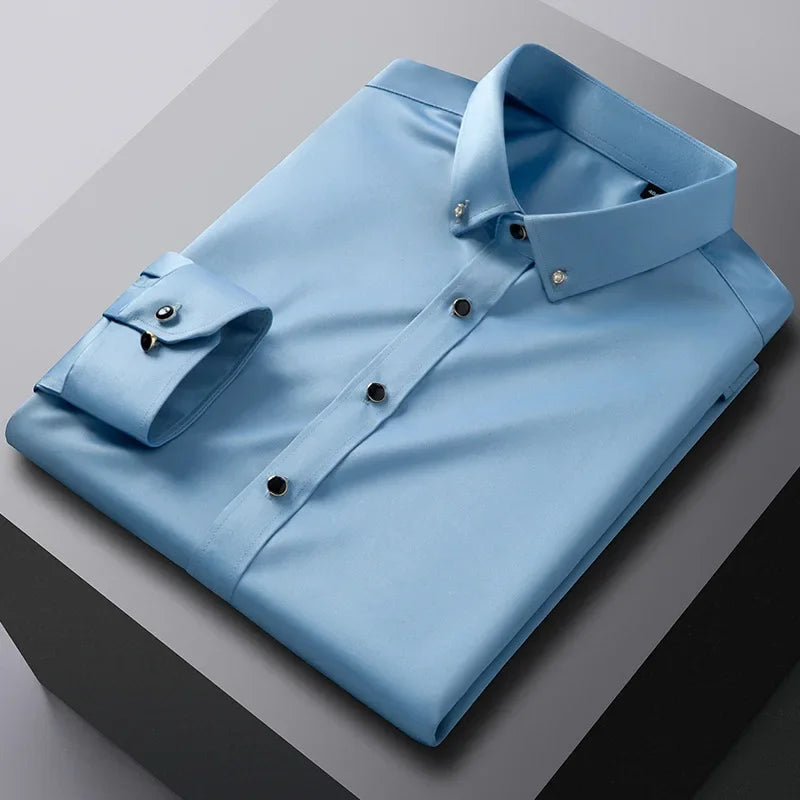 Men's quality shirt, long sleeved, new elastic, comfortable, and non ironing business shirt, Korean slim fit men's clothing