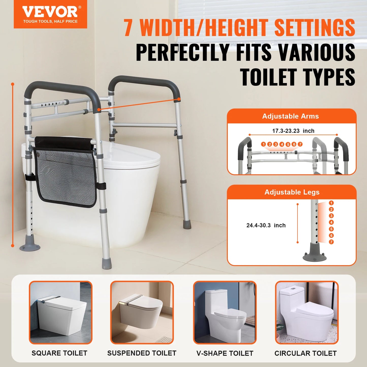 VEVOR Toilet Safety Rail Folding Toilet Seat Frame Adjustable Width & Height Fit Most Toilets Supports 300lbs Disabled Seniors