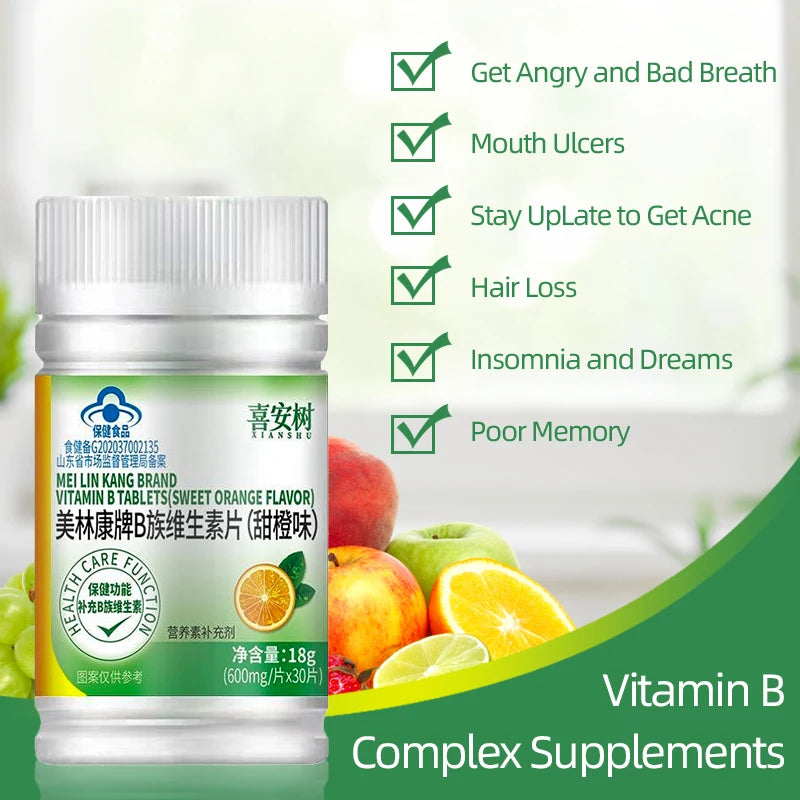 Vitamin B Complex Tablets 30pcs Vitamins B1 B2 B6 B12 Folic Acid Daily Nutritional Supplements for Orange Flavour CFDA Approve