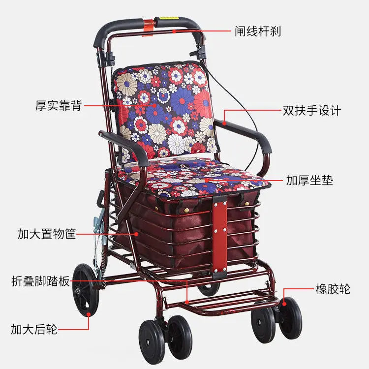 Elderly handcart for shopping, foldable and portable for home use, and can sit on elderly chairs for four rounds of walking