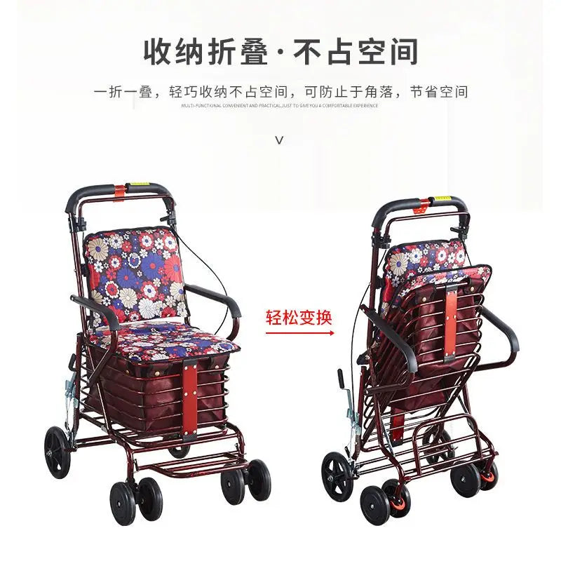 Elderly handcart for shopping, foldable and portable for home use, and can sit on elderly chairs for four rounds of walking