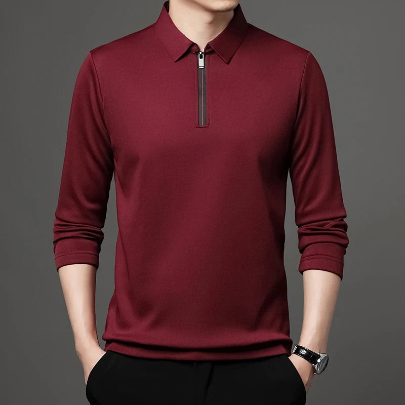 New T Shirt Zipper Polo Shirt Male Fashion Turn-Down Collar Long Sleeve Business Men Clothes