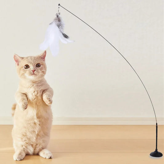 Cat Toys Interactive Cat Toy Steel Wire Feather Toys for Cats Stick Suction Cup Feather Cats Toy with Bell Teaser Pet Products