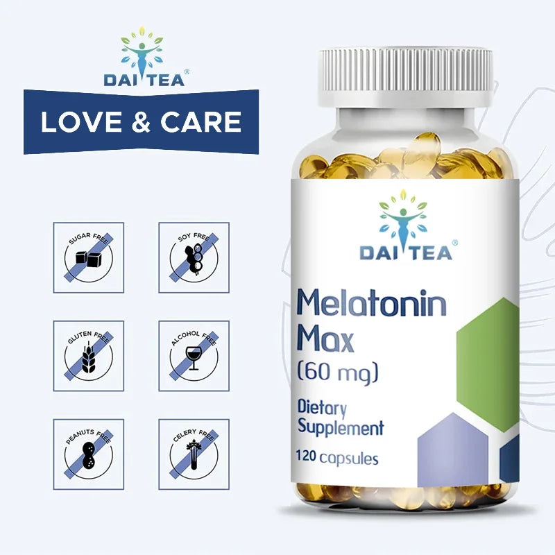 Daitea Melatonin Vegetarian Capsules - 60 Mg Promote Sleep Quality, Eye Health and Reduce Waking Time