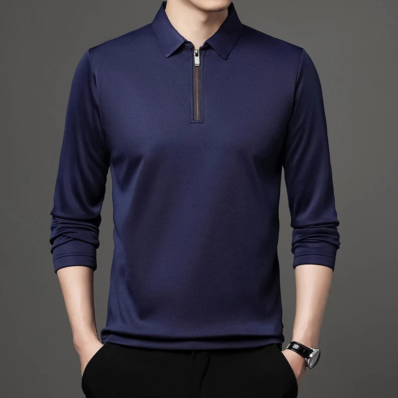 New T Shirt Zipper Polo Shirt Male Fashion Turn-Down Collar Long Sleeve Business Men Clothes