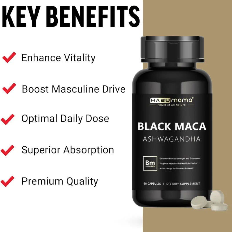 Black Maca supplement, helps energy & endurance & strength and immune system, GMO-free, vegetarian friendly, 60 capsules/bottle