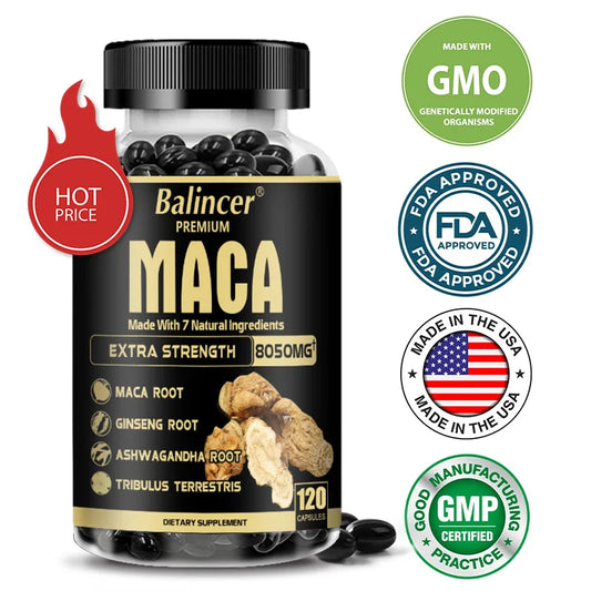 Organic Maca Root Capsules - with Ginseng Ashwagandha Tribulus Terrestris - Muscle Mass, Endurance and Performance