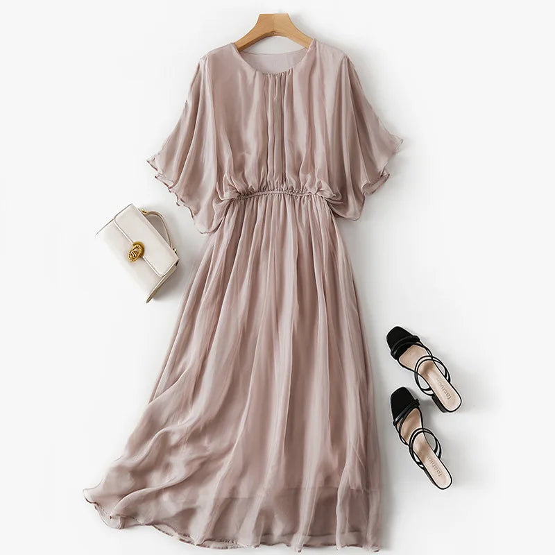 Birdtree 100% Mulberry Silk Dress Women O Necks Button Elastic Waist Beach Batwing Short Sleeve Maxi Dress 2023 Summer D36215JM