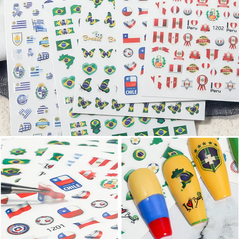 Football Game South America Brazil CHile Peru Argentina Colombia Uruguay Nail Sticker Cheering Design Soccer Fans Nail Flag