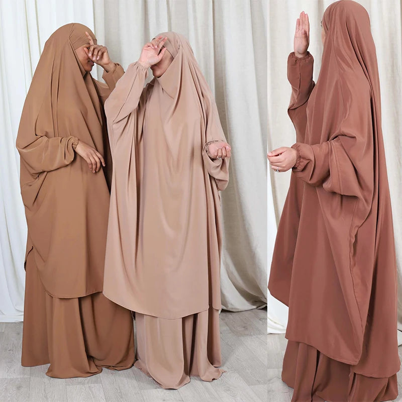 Women Muslim Soft Solid Color Two Piece Suit Plus Size Gown Dress Jilbab Abaya Fashion Ladies Ramadan Casual Robe Clothes