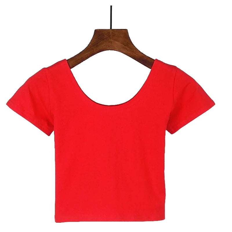 Stretch Women Cotton  U Neck Crop Top 2024 Girls Short Sleeve Female Fashion Best Sell Popular Tee Top T-shirt Hot Sale