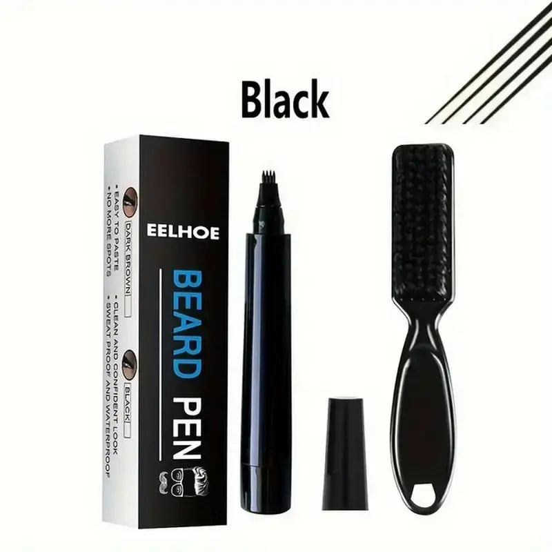 Waterproof 4-Tip Beard Pen Kit for Men - Long Lasting Natural Makeup with Beard Brush Included