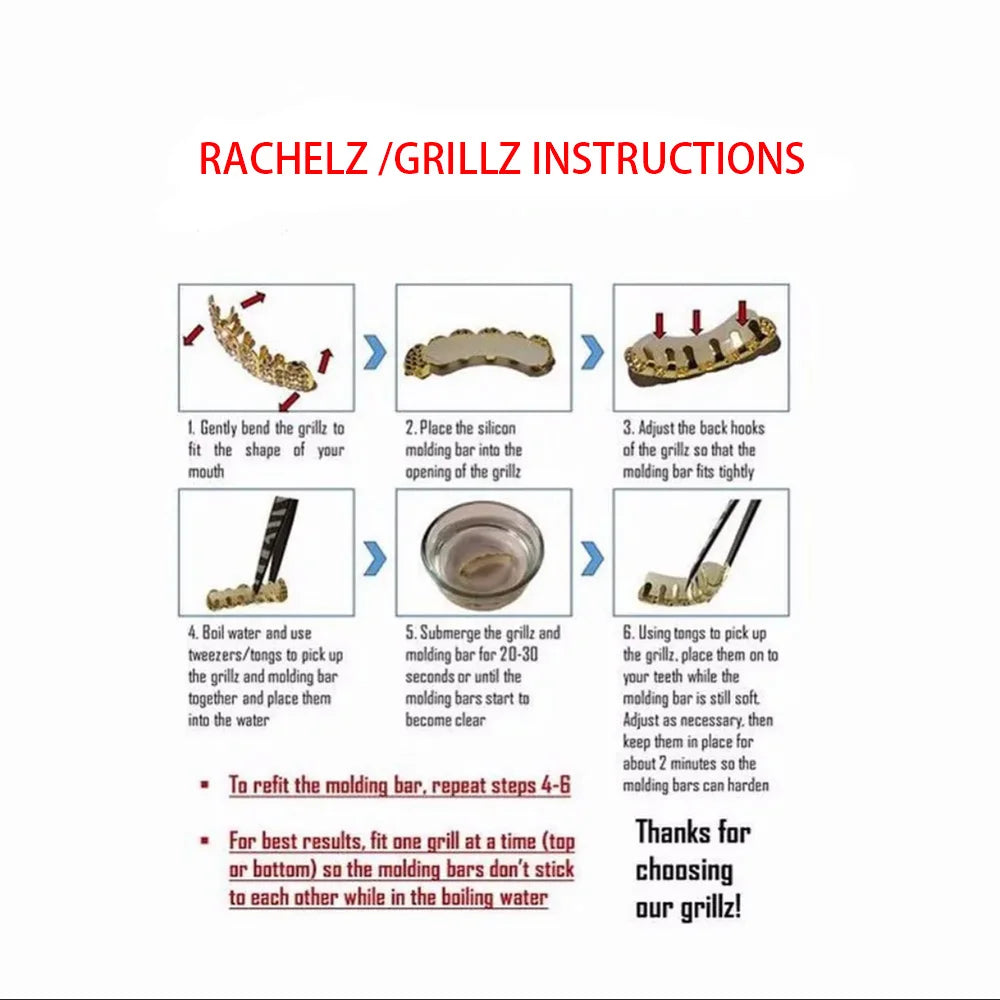 RACHELZ Classic Fashion 6/6 Teeth Grillz Hip Hop 14K Gold Plated Tooth Caps Decor Braces Dental Grills For Women Men Jewelry