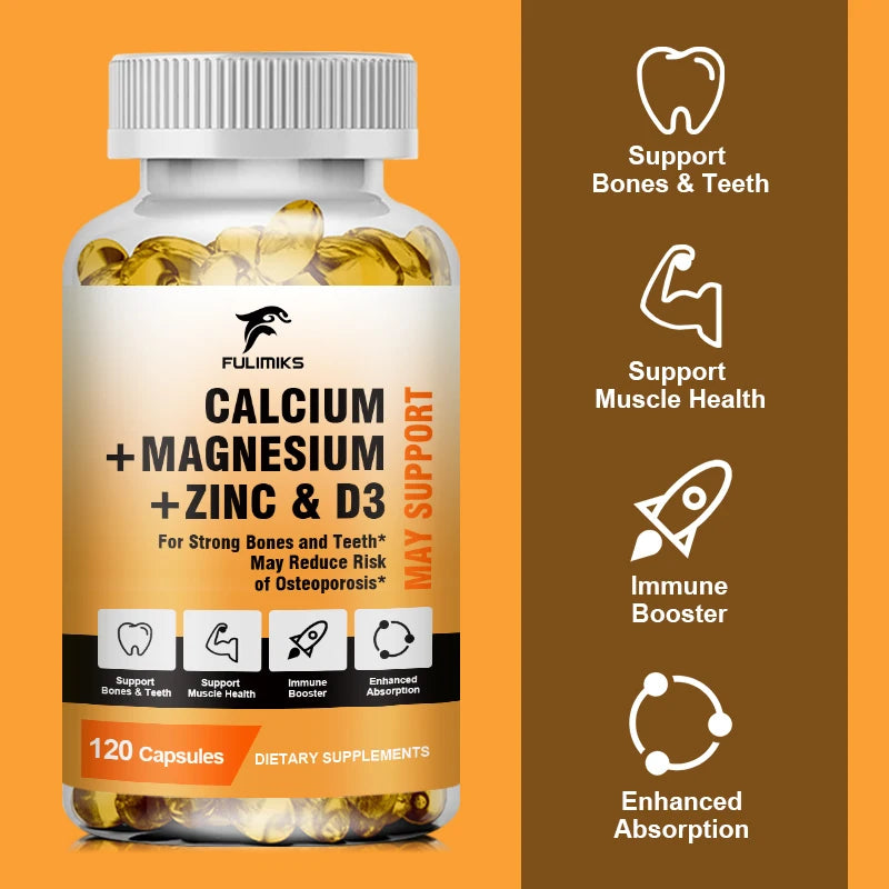 Calcium Magnesium Zinc + D3 Vitamin Nutritional Supplement - Supports Bone Density & Muscle Health - Immune Support