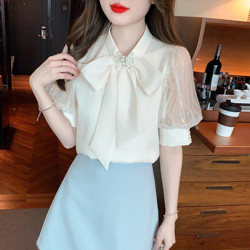 Fashion Bow Collar Apricot Chiffon Blouse Shirt Women Tops Blusas Mujer De Moda 2024 Verano Short Sleeve Blouse Women Blusa G587