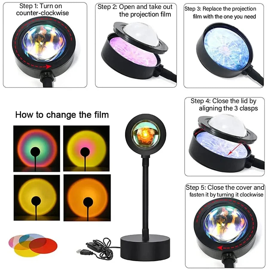 USB LED Projector Night Lights RGB Sunset Atmosphere Night Lamp With Remote For Bedroom Broadcast Photography Background Decor