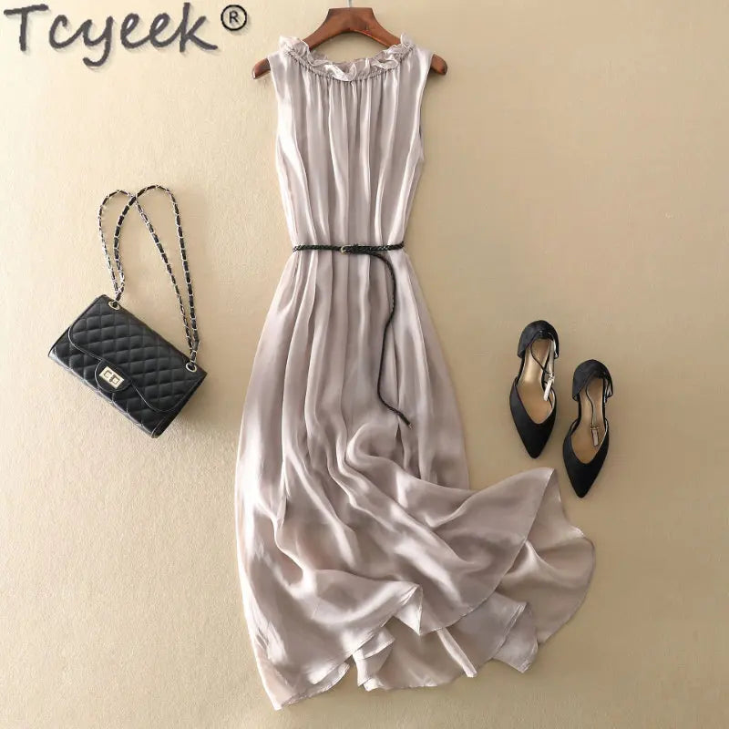 Tcyeek100%mulberry Silk Dress Women Korean Summer Dresses Sleeveless Beach Dress Womans Clothing Ladies Dresses Vestido Feminino