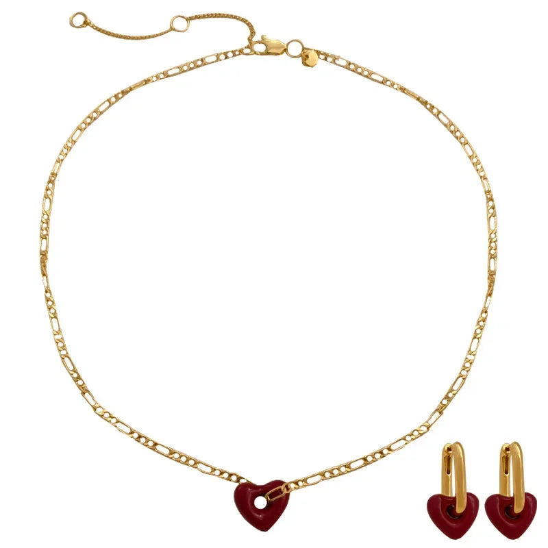 Fashion Jewelry Vintage Temperament Red Heart Earrings Necklace Sets For Women Female Gifts Delicate Design Accessories Hot Sale