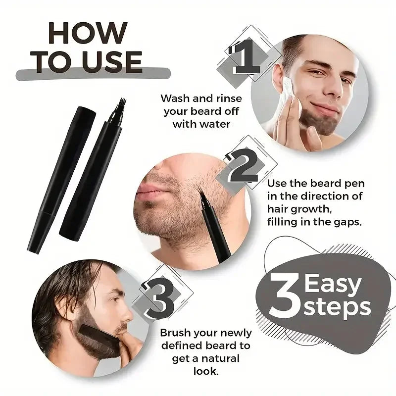 Waterproof 4-Tip Beard Pen Kit for Men - Long Lasting Natural Makeup with Beard Brush Included