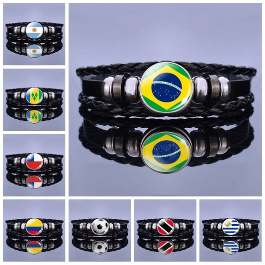 South America Country Flag Leather Bracelet Brazil Argentina Chile Colombia Flag Braided Bracelet Soccer Lover Gift