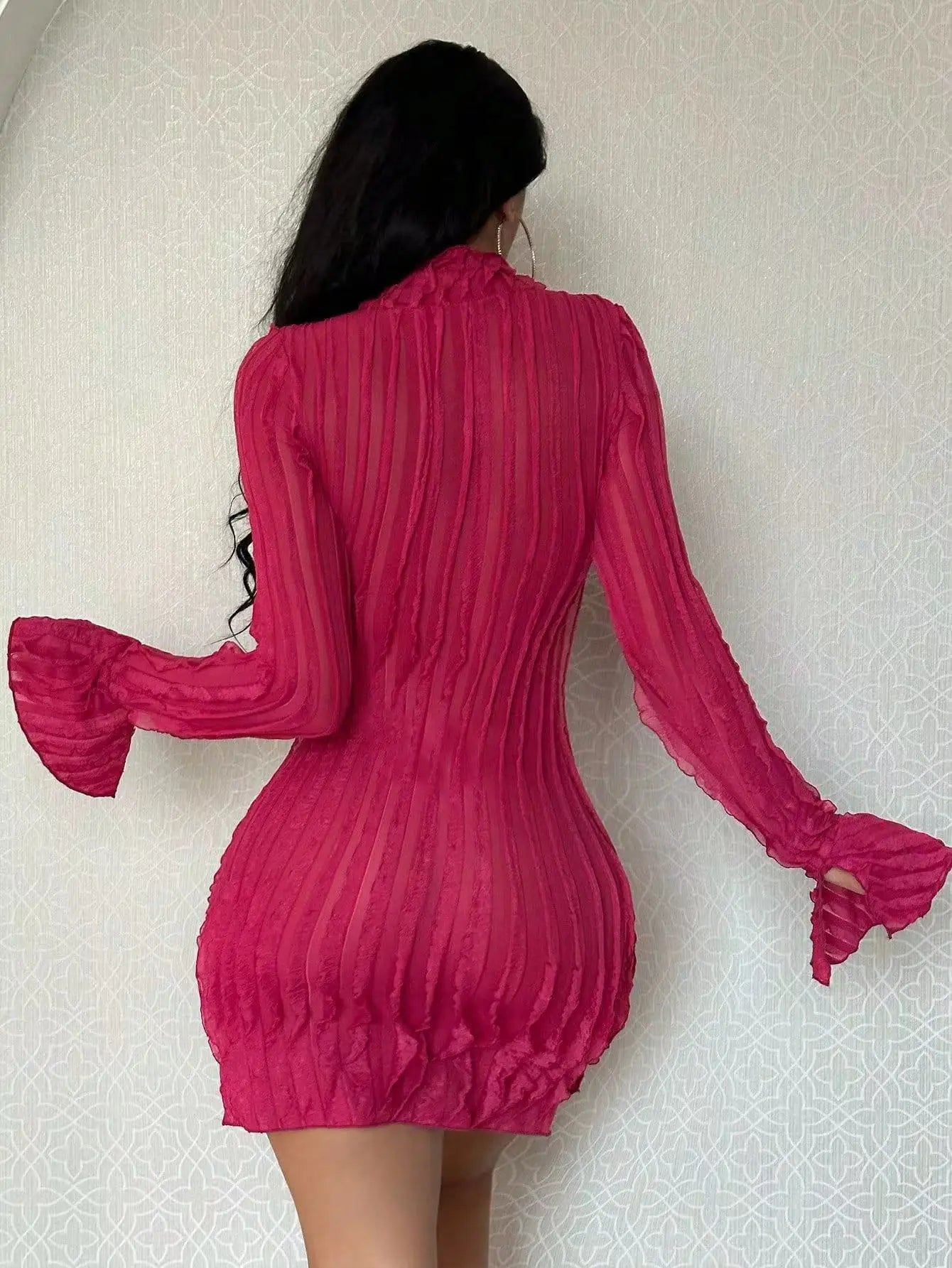 2024 Women's High Necked Pleated Slim Dress New Spring Long Sleeved Office Wrap Hip Dress Fashion Club Party Mini Dress Vestidos