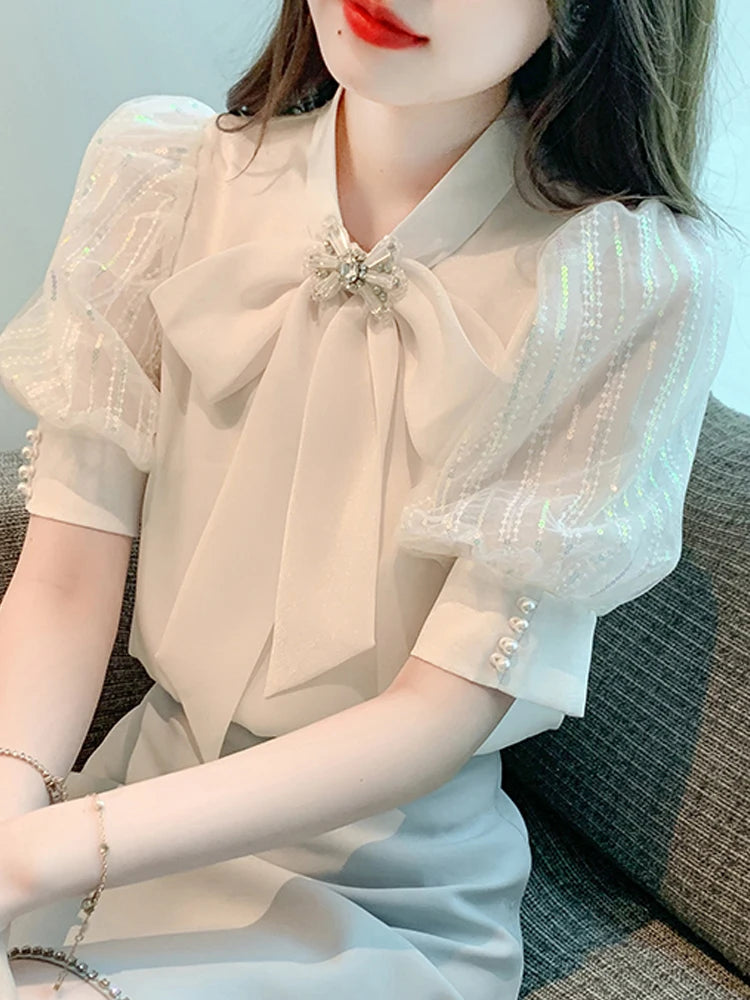 Fashion Bow Collar Apricot Chiffon Blouse Shirt Women Tops Blusas Mujer De Moda 2024 Verano Short Sleeve Blouse Women Blusa G587