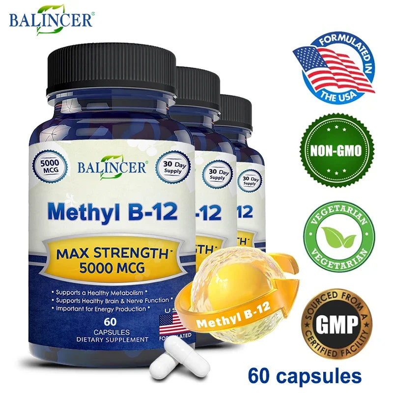 Vitamin B12 - 5000 MCG Supplement -Benefits Brain & Heart Function, Supports Memory, Learning, Helps Boost Natural Energy