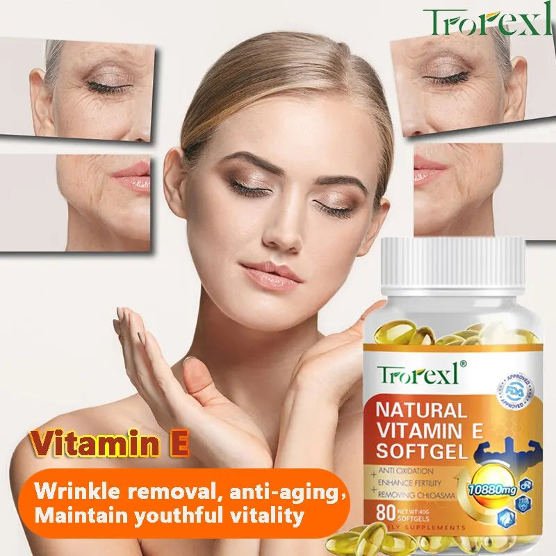 Vitamin E| 100% Natura | 80 Capsules | Wrinkle Remover Anti Aging Whitening Moisturizing Fade Fine Lines Dark Spots, Antioxidant