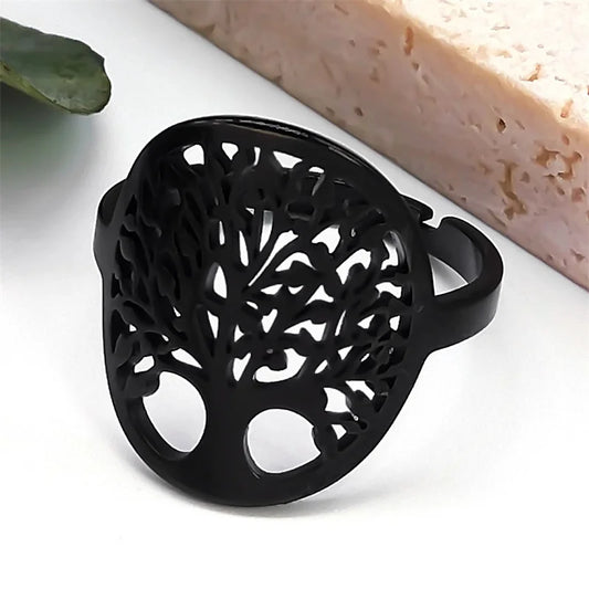 Punk Tree Of Life Ring Stainless Steel Black Color Lucky Trees Religion Adjustable Finger Rings Jewelry arbre de vie R22S07