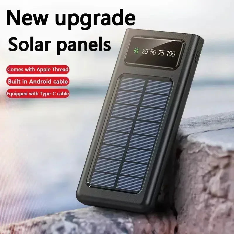 Solar Power Bank Built Cables 200000mAh Solar Charger 2 USB Ports External Charger Powerbank With LED Light For Xiaomi iphone