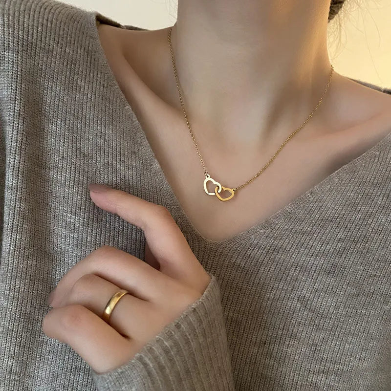 316L Stainless Steel Two Heart Connection Necklace Delicate Woman Accessory Popular Gifts Hot Sale New Jewelry