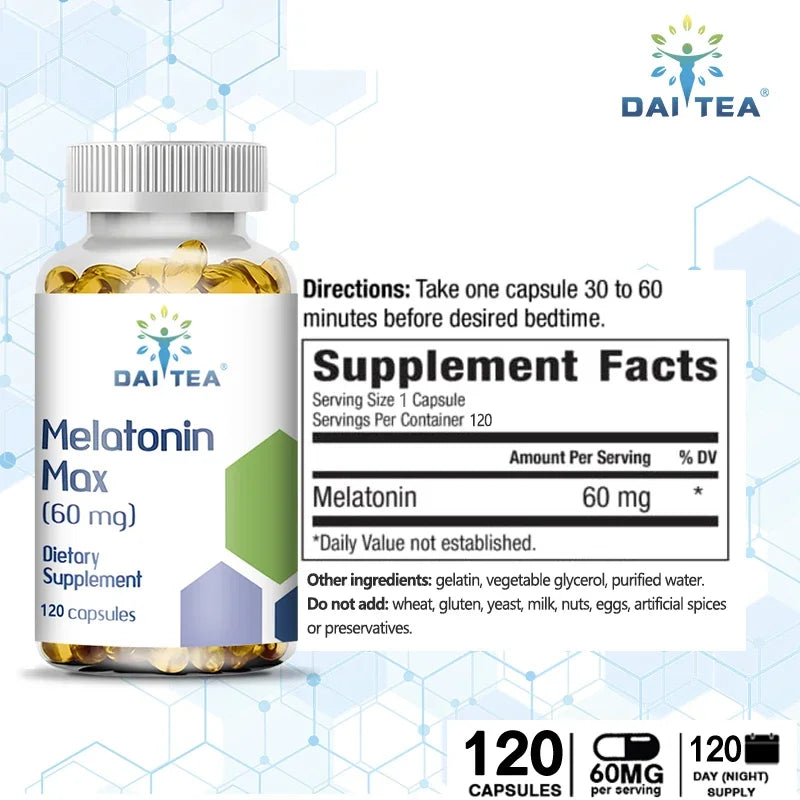 Daitea Melatonin Vegetarian Capsules - 60 Mg Promote Sleep Quality, Eye Health and Reduce Waking Time