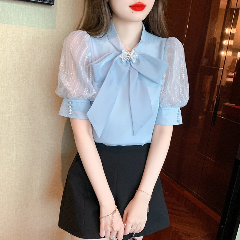 Fashion Bow Collar Apricot Chiffon Blouse Shirt Women Tops Blusas Mujer De Moda 2024 Verano Short Sleeve Blouse Women Blusa G587